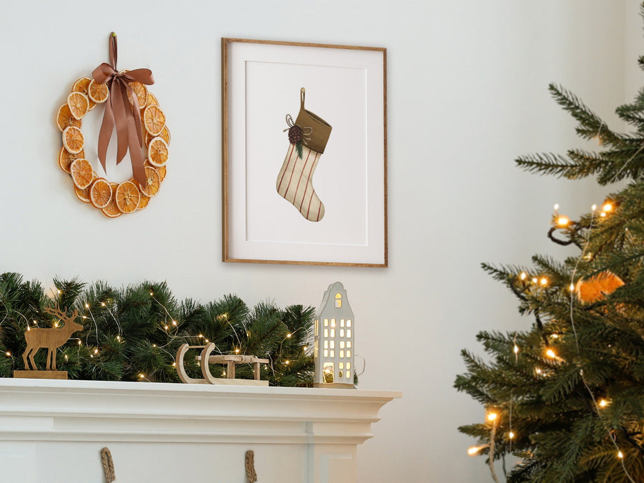 wooden frame hanging on wall over a fireplace with rustic stocking print surrounded by holiday decor such as pine leaves, christmas tree, christmas lights, wooden cutouts of reindeer and sleigh, rustic decor