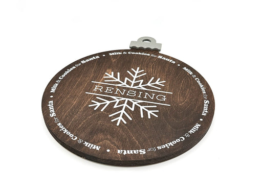 dark brown ornament cookie tray with snowflake design that says Rensing and Milk and cookies for Santa