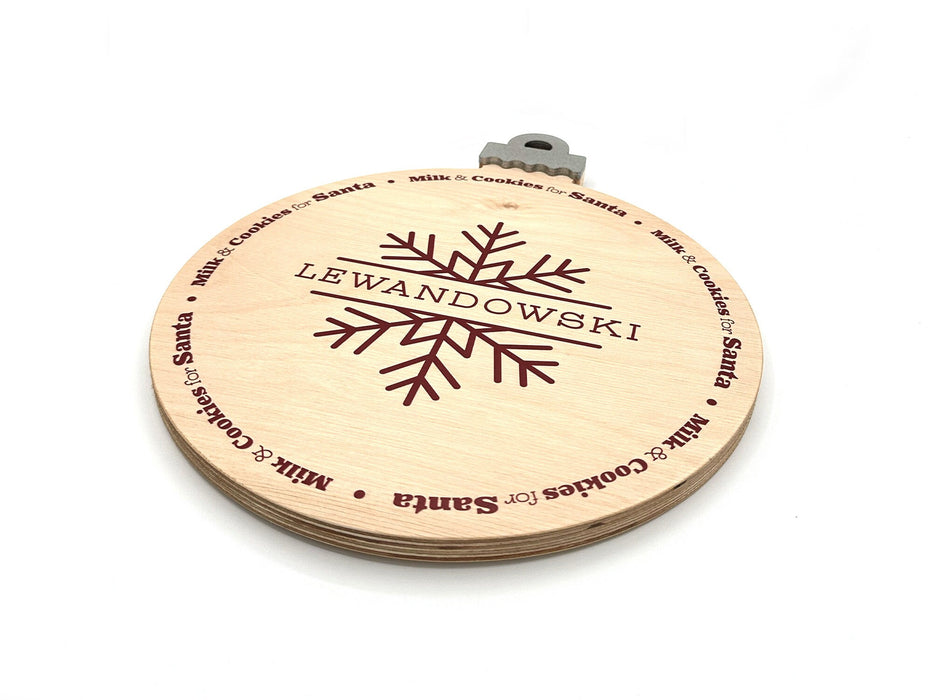 wooden ornament Christmas cookie tray with a snowflake design that says Lewandowski and Milk and Cookies for Santa