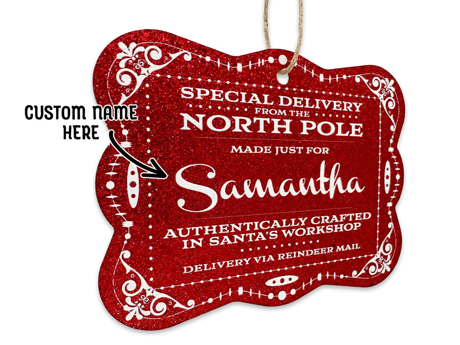 A hanging red glitter cardstock Santa gift tag is shown on a white surface. The text beside it reads, Custom Name Here.