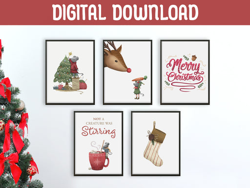 digital download set of five christmas mice prints on white wall next to a christmas tree with ornaments and ribbons