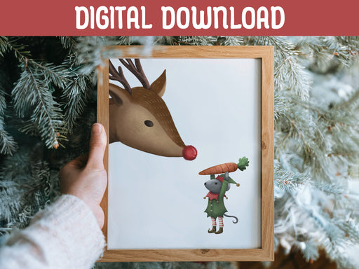 digital download: hand holding a wooden frame with a christmas print of a mouse decorating a tree in front of pine trees