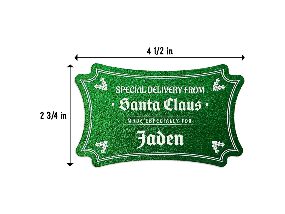 A green glitter cardstock Santa gift tag is shown on a white background. The tag measures 4 1/2 inches in width and 2 3/4 inches in height.