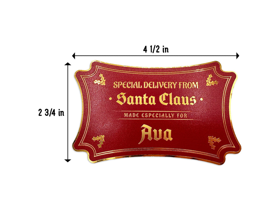 A gold foil cardstock Santa gift tag is shown on a white background. The tag measures 4 1/2 inches in width and 2 3/4 inches in height.
