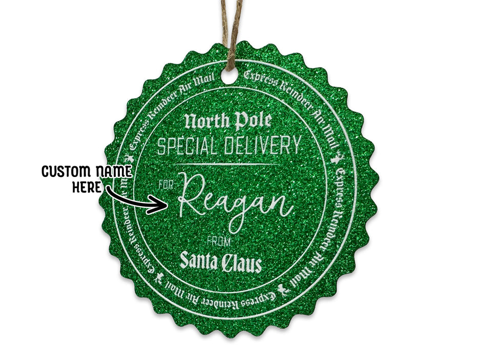 A green glitter cardstock hanging Santa gift tag is shown on a white surface. The text beside it reads, Custom Name Here.