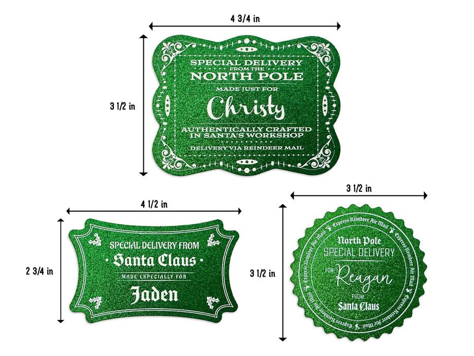 Green glitter cardstock Santa gift tags are shown on a white background. Tag A: 4 3/4 inches by 3 1/2 inches. Tag B: 4 1/2 inches by 2 3/4 inches. Tag C: 3 1/2 inches by  3 1/2 inches.