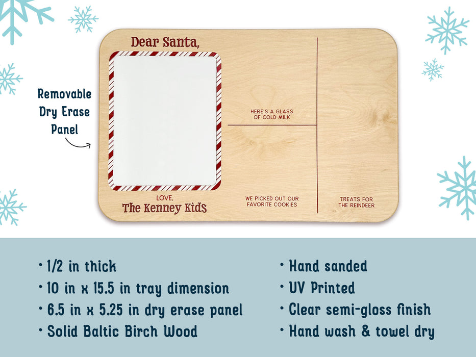 1/2 inch thick 10 in x 15.5 in tray dimension 6.5 in x 5.25 in dry erase panel Solid Baltic Birch Wood Hand sanded & stained  UV Printed with a clear semi-gloss finish Hand wash & towel dry