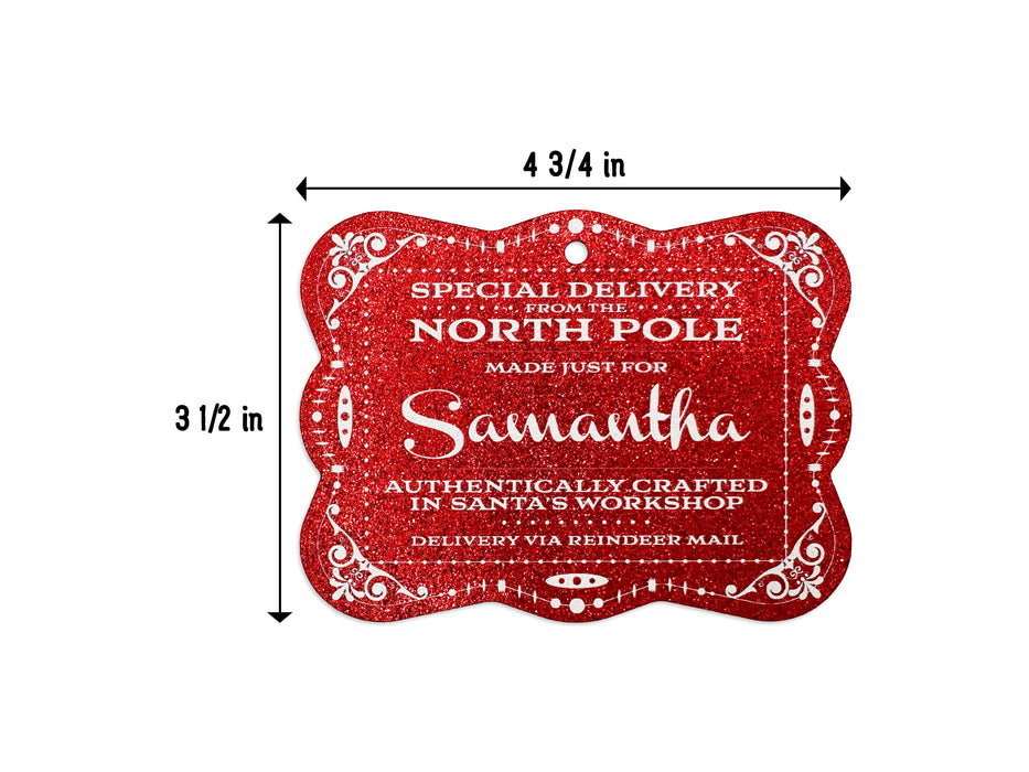 A red glitter cardstock Santa gift tag is shown on a white background. The tag measures 4 3/4 inches in width and about 3 1/2 inches in height.