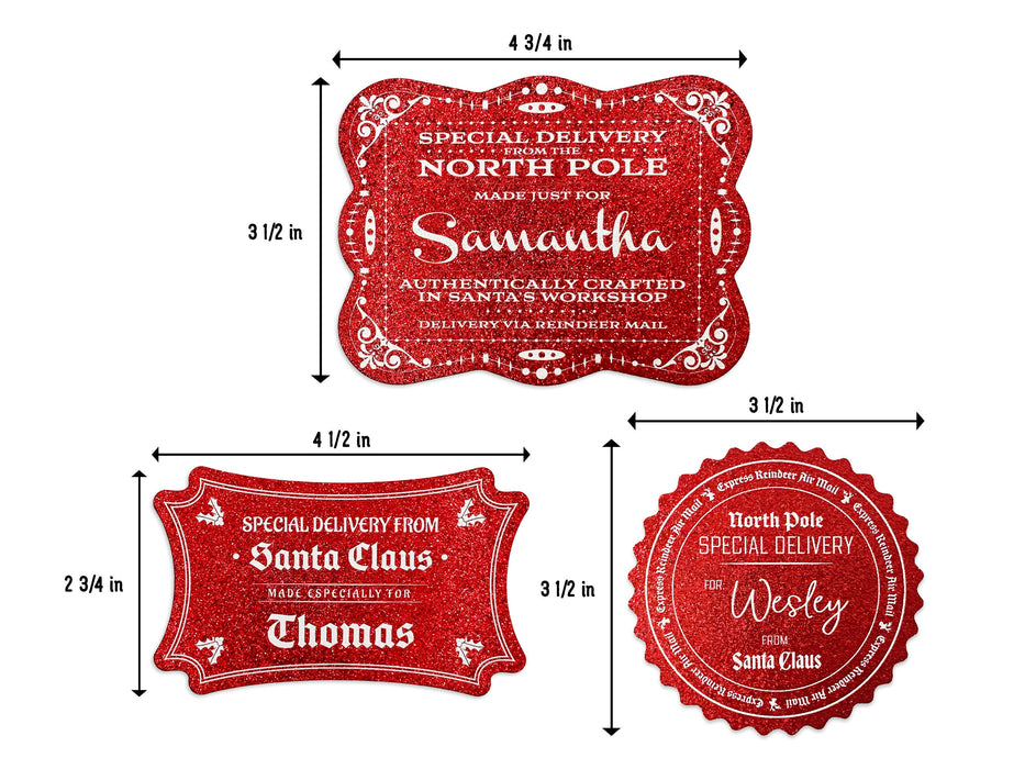 Red glitter cardstock Santa gift tags are shown on a white background. Tag A: 4 3/4 inches by 3 1/2 inches. Tag B: 4 1/2 inches by 2 3/4 inches. Tag C: 3 1/2 inches by  3 1/2 inches.