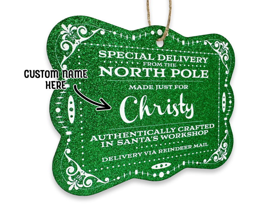 A green glitter cardstock hanging Santa gift tag is shown on a white surface. The text beside it reads, Custom Name Here.