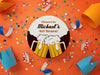 One coaster is shown against an orange background with colorful confetti and party hats surrounding it. Coaster says Cheers to Michaels 40 Years!