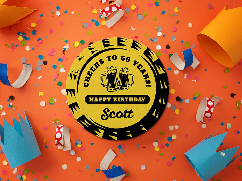 One coaster is shown against an orange background with colorful confetti and party hats surrounding it. Coaster says Cheers to 60 Years! Happy Birthday Scott.
