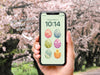 Phone Wallpapers included with download 
Image of a hand holding a phone with easter phone wallpaper with cherry blossom trees in the background