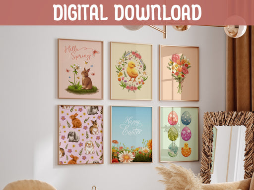 Text reads digital download

Set of 6 easter prints with pastel spring artwork such as flowers, plants, chicks, eggs, and bunnies  on white living room wall surrounded by minimalist furniture and a wooden mirror