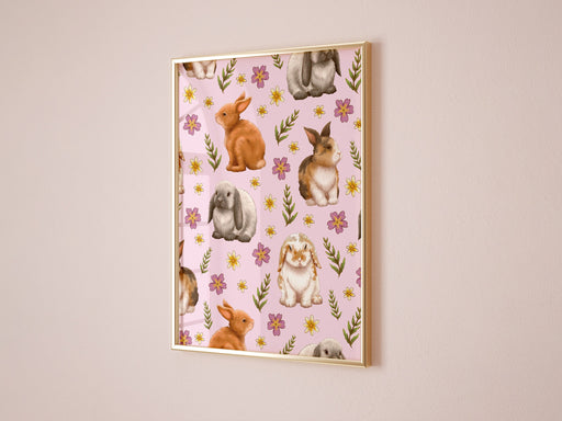 easter print of pastel bunny and flower pattern in a gold frame on living room white wall