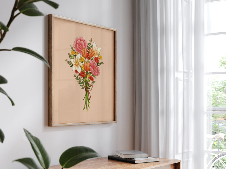 wooden frame with a pastel easter print featuring a spring bouquet of colorful flowers on a white living room wall hanging over a wooden desk with books surrounded by house plants and a balcony