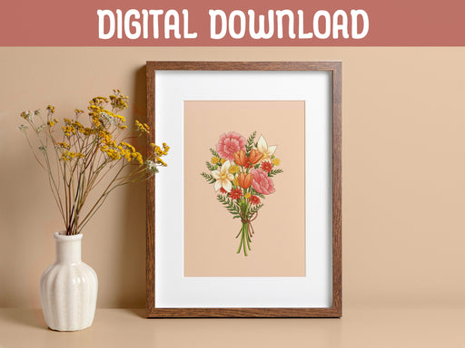 digital download
wooden frame with a pastel easter print featuring a spring bouquet of colorful flowers on a tan counter next to a white vase with yellow flowers