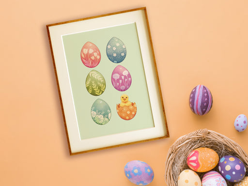 wooden frame with pastel easter art print of decorated eggs with a baby chick on orange background surrounded by painted easter eggs