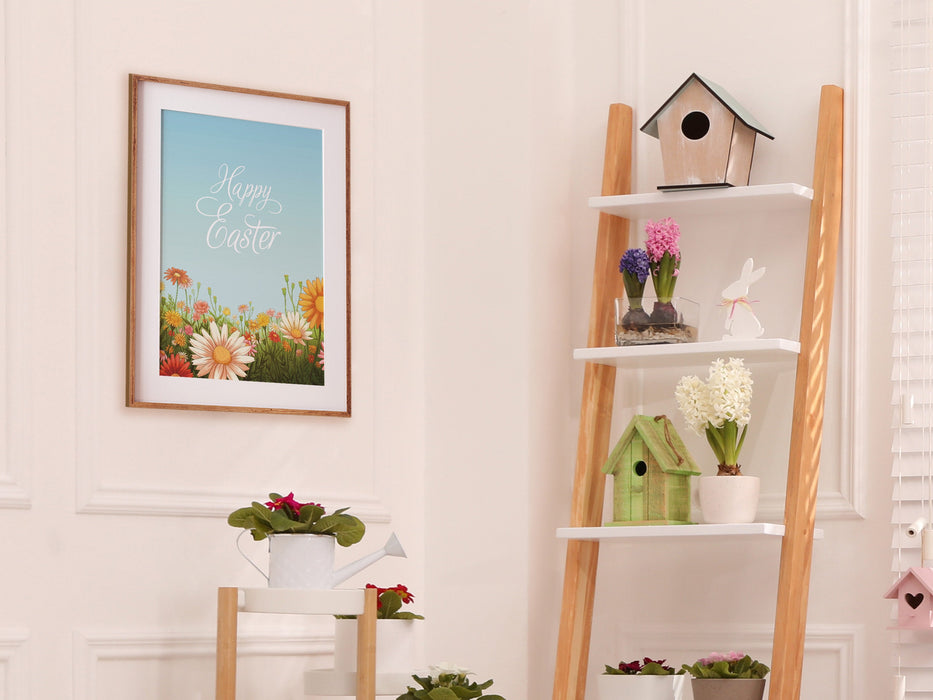 happy easter print with a colorful meadow of spring flowers in a wooden frame on white wall in living room surrounded by easter decor such as potted plants, flowers, and bird houses,
