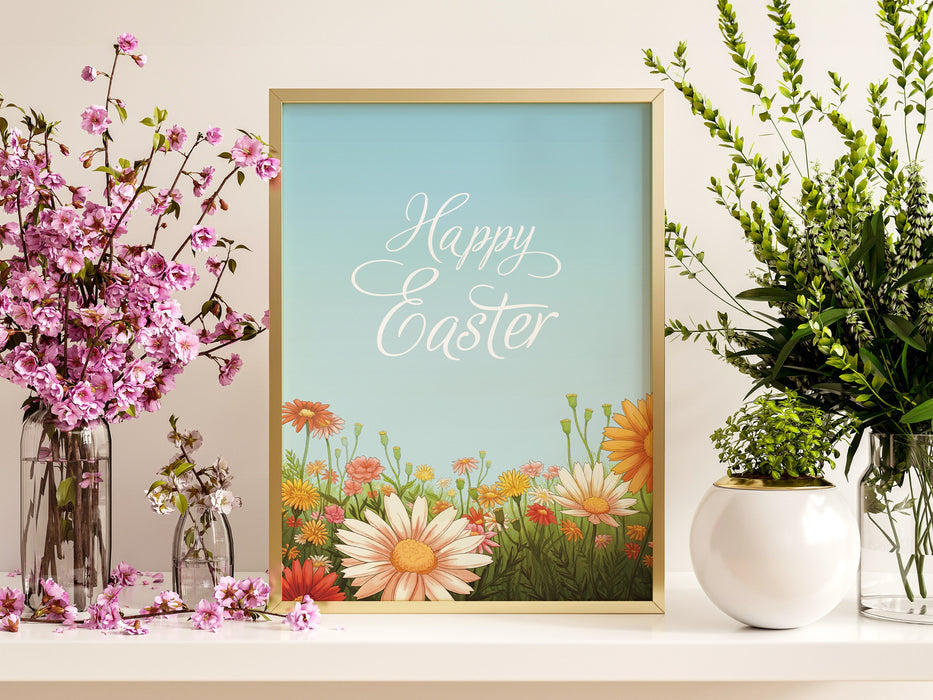 happy easter print with a colorful meadow of spring flowers in a gold frame sitting ontop of a white counter surrounded by potted plants and flowers in vases
