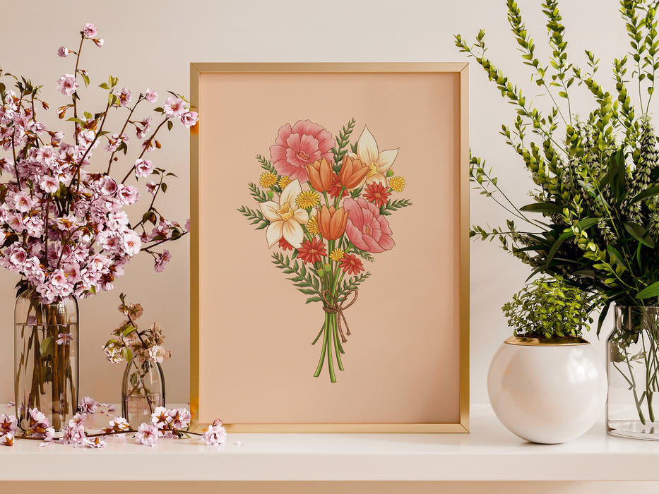 pastel easter print featuring a spring bouquet of colorful flowers in a gold frame sitting ontop of a white counter surrounded by potted plants and flowers in vases