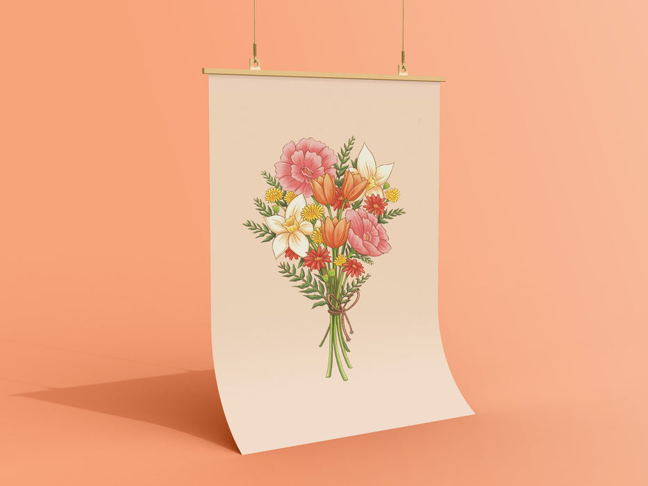 poster of pastel easter print featuring a spring bouquet of colorful flowers in front of light orange background