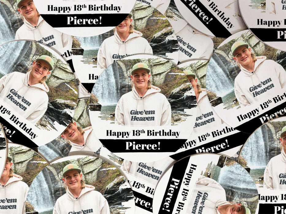 Multiple coasters are shown spread out all over surface. Coasters are designed with custom photo, text, and brushed elements. Coaster text reads Happy 18th Birthday Pierce!