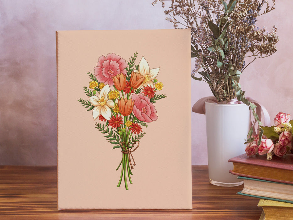 8x10 inch canvas with spring bouquet pastel easter art on wooden table next to potted flowers, roses, and a small stack of books