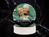 One coaster sitting on top of a stack of coasters with a black marble background. Coasters shown are customizable. Coasters are designed with custom photo, text, and brushed elements. Coaster text reads Happy Anniversary! Diane & George, 10.14.74