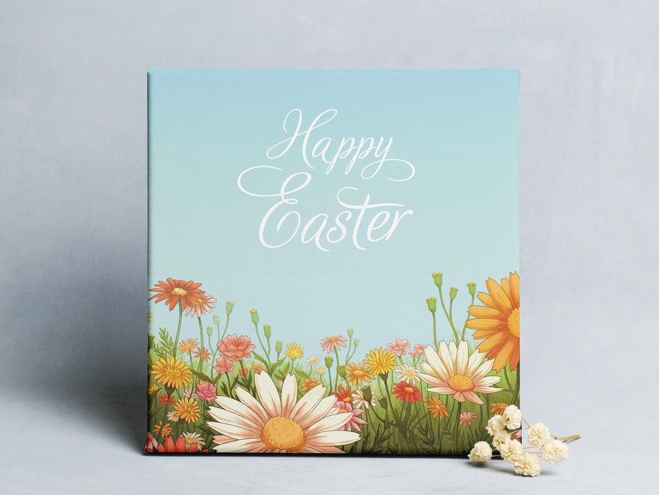 12x12 canvas of happy easter artwork of a spring meadow in front of a blue wall with little white flowers in front of the canvas