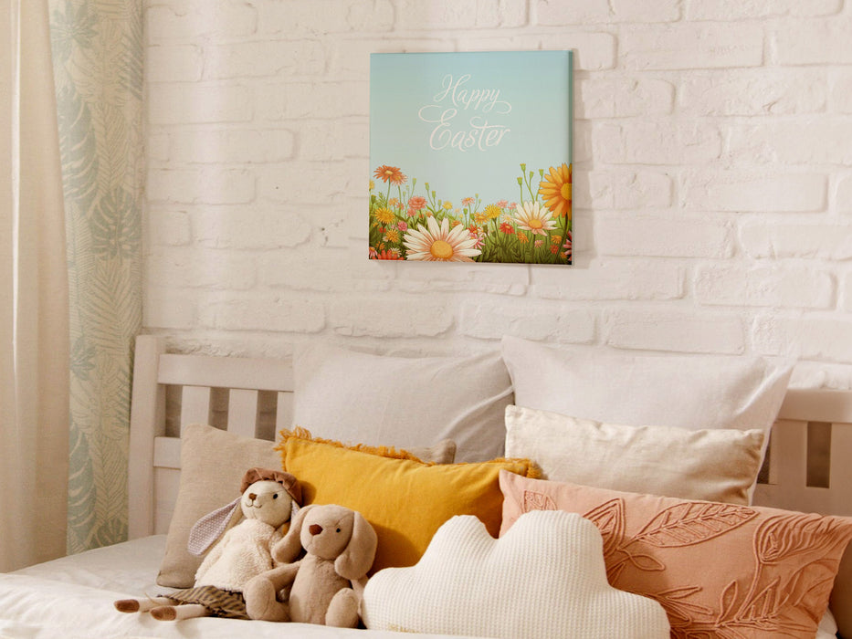 12x12 canvas of happy easter artwork of a spring meadow hanging over a bed with multicolored pillows and rabbit plushiesbedroom has plant patterned curtains and a white brick wall