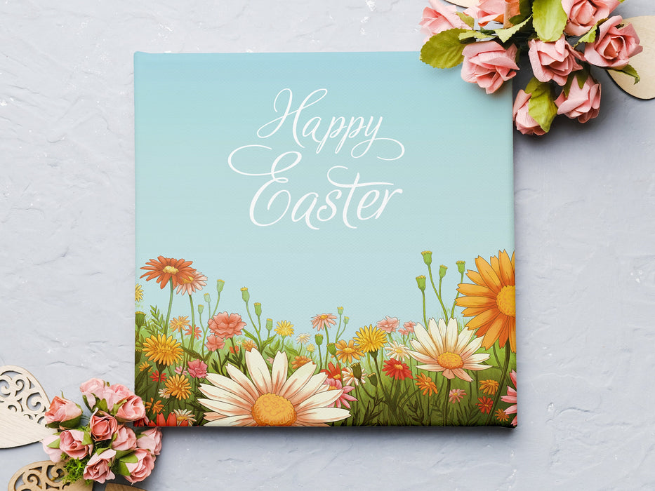 12x12 canvas of happy easter artwork of a spring meadow on a light purple surface surrounded by pink paper roses and wooden heart decorations