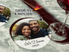 A single coaster with a wine glass on top of it with a coaster off to the side on a marble table. Coasters shown are customizable. Coasters are designed with custom photo, text, and brushed elements. Coaster text reads CeCe &lt;3 Simon, 3/18/25