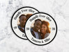 Two coasters sit on a marble surface. Coasters shown are customizable. Coasters are designed with custom photo, text, and circular photo frame. Coaster text reads Happily Ever After, 2026, Tamera & Mike.