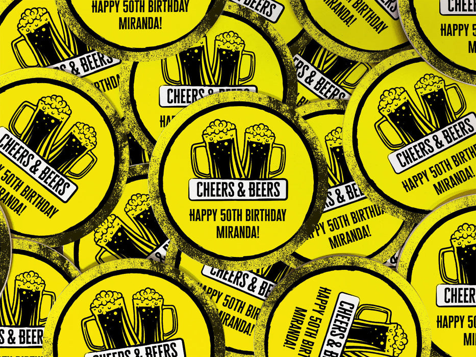 Coasters say Cheers & Beers, Happy 50th Birthday Miranda!