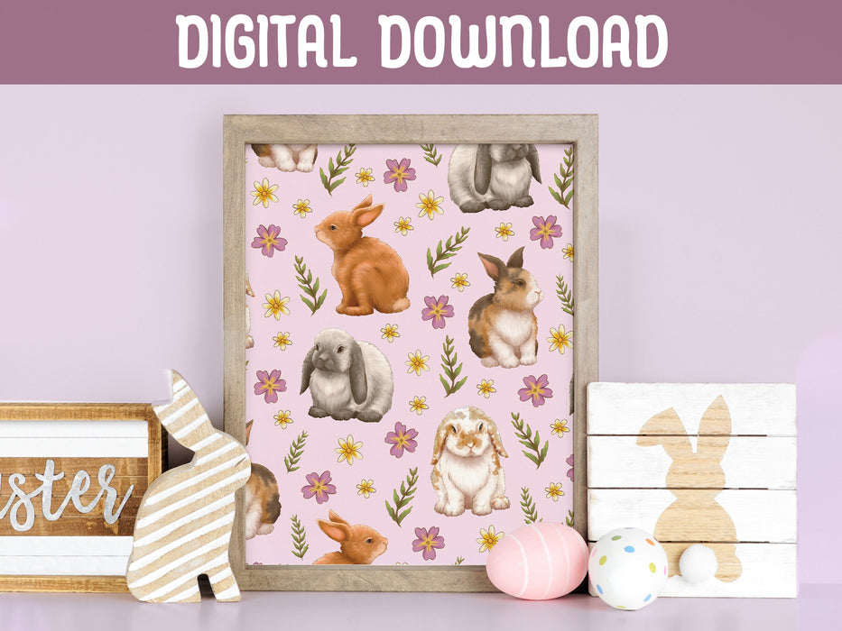 digital download
easter print of pastel bunny and flower pattern in a wooden frame on a wooden counter surrounded by easter decor such as bunny statues, signs, and decorated easter eggs in front of a purple background