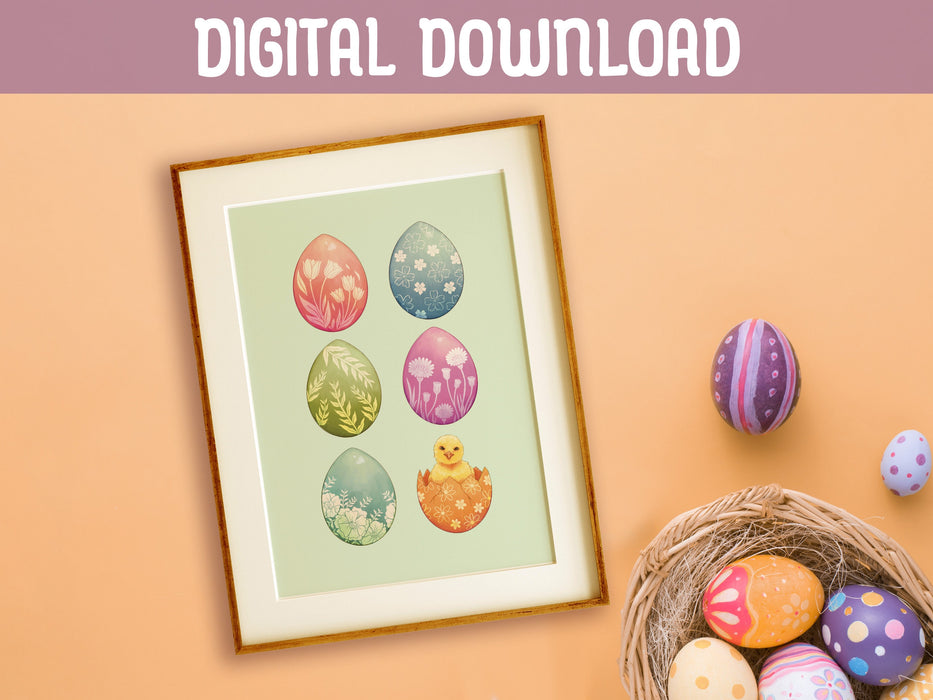 digital download
wooden frame with pastel easter art print of decorated eggs with a baby chick on orange background surrounded by painted easter eggs