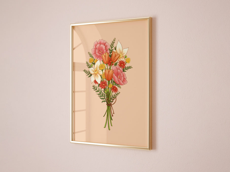pastel easter print featuring a spring bouquet of colorful flowers in a gold frame on living room white wall