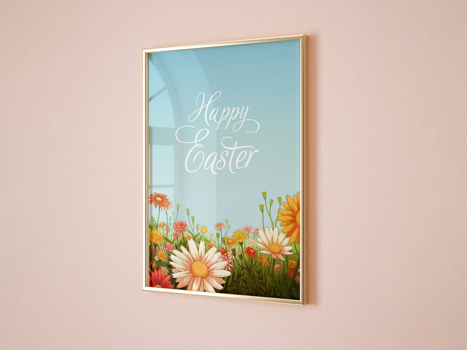 happy easter print with a colorful meadow of spring flowers in a gold frame on a pink interior wall