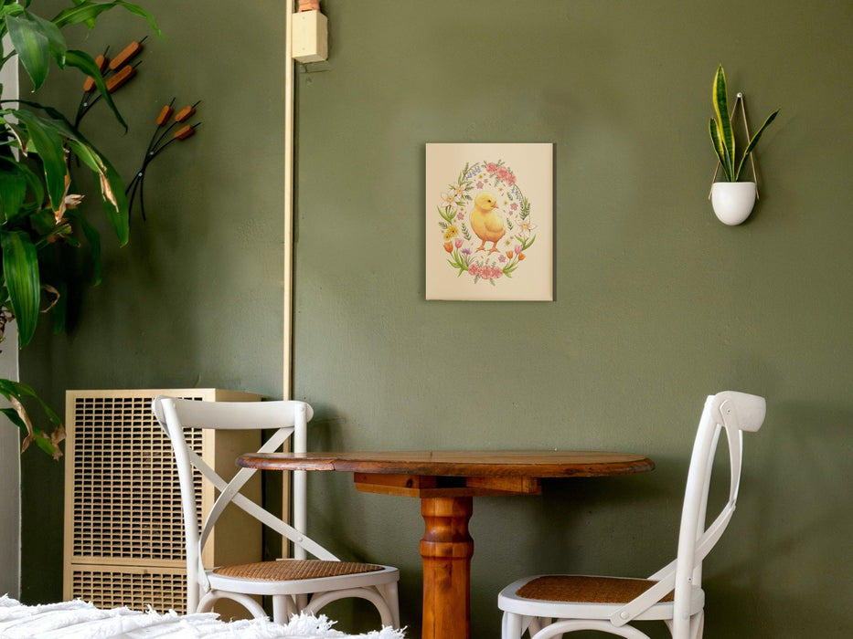 8x10 inch canvas with spring easter chick pastel easter art on green bedroom wall hanging over a wooden table with two white chairs surrounded by house plants and a white bed mattress