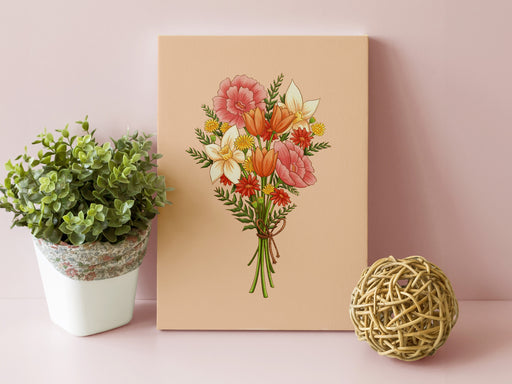 8x10 inch canvas with spring bouquet pastel easter art in front of pink wall next to a potted plant and a wooden ball decor