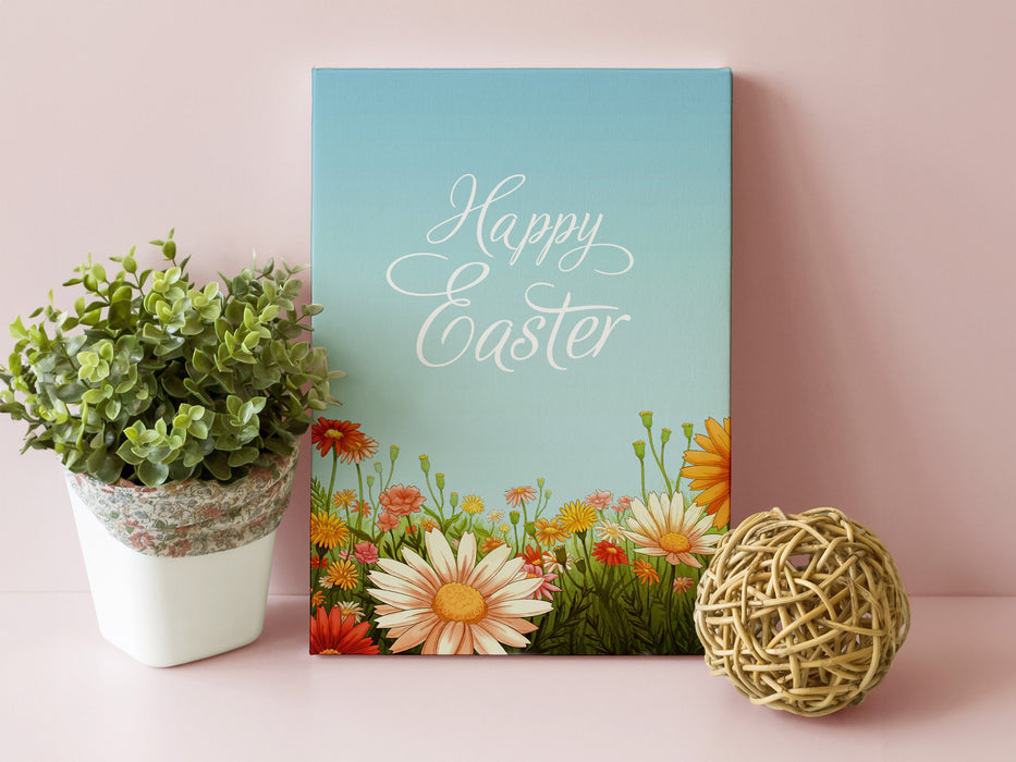 8x10 canvas of happy easter artwork of a spring meadow in front of pink wall next to a small potted plant and a wooden ball decoration