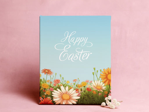 8x10 canvas of happy easter artwork of a spring meadow in front of a pink background with small white flowers in front of the canvas