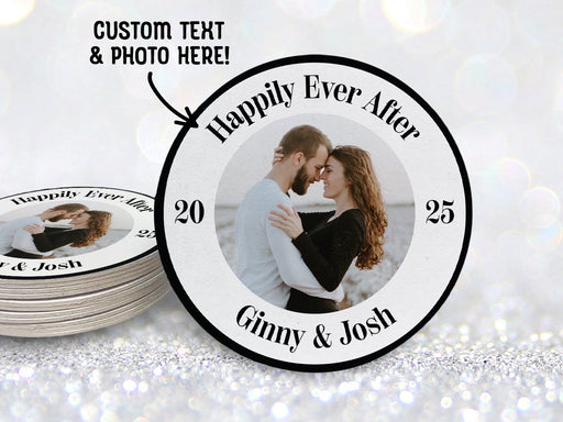 A stack of coasters by a single coaster on a glitter background. Coasters shown are customizable. Coasters are designed with custom photo, text, and circular photo frame. Coaster text reads Happily Ever After, 2025, Ginny & Josh.