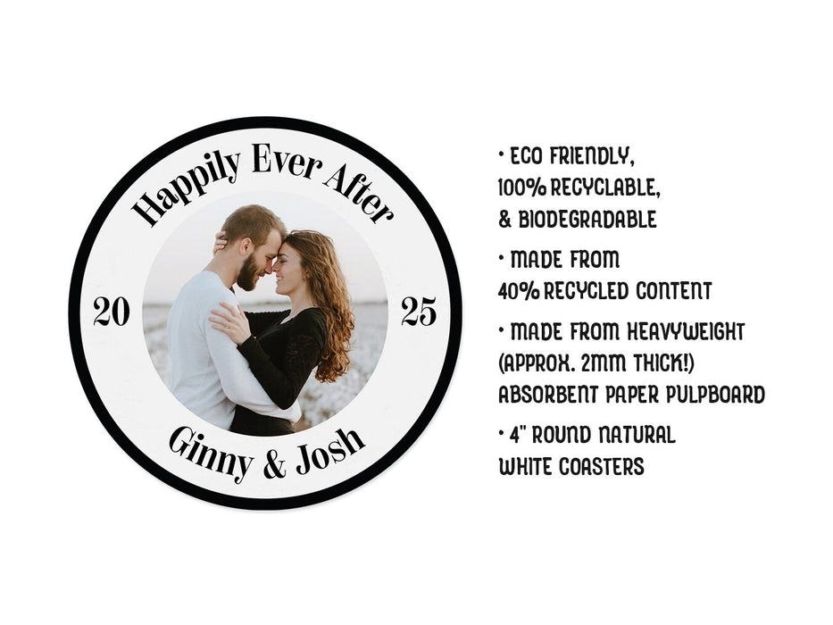 Single coaster beside text.
Text says: Eco friendly, 100% recyclable, & biodegradable, Made from 40% recycled content, Made from heavyweight (approx. 2mm thick!) absorbent paper pulpboard, 4 inch Round Natural White Coasters