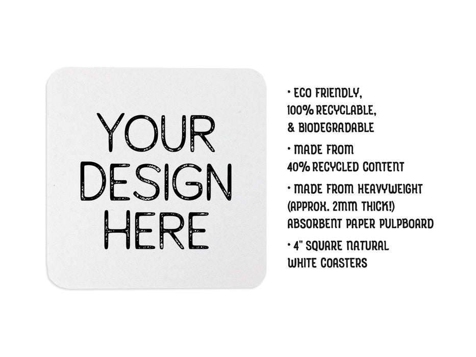 Single coaster beside text. Text says: Eco friendly, 100% recyclable, & biodegradable, Made from 40% recycled content, Made from heavyweight (approx. 2mm thick!) absorbent paper pulpboard, 4 inch Round Natural White Coasters
