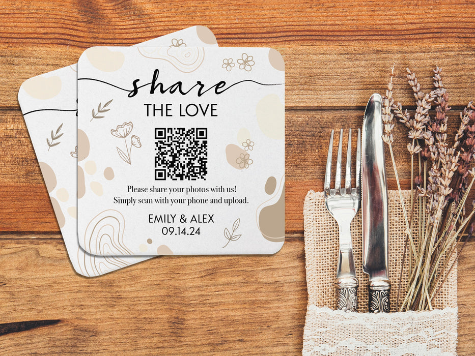 wood table with a custom wedding photo gallery QR code coaster next to silverware
coaster says share the love, please share your photos with us simply scan with your phone and upload
Emily and Alex with the date