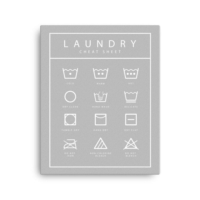 Canvas print with Laundry Cheet Sheet design. Design features a list of laundry icons. List has icons and text for cold, warm, hot, do not iron, dry clean, hand wash, delicate, non-chlorine bleach, tumble dry, hang dry, dry flat, do not bleach. Print is gray with details printed in white.