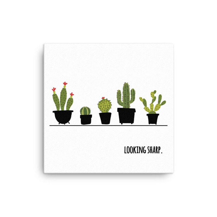Canvas print with Looking Sharp design. Design features a variety of green cacti in pots with the words "Looking Sharp". Design is printed on a white canvas.